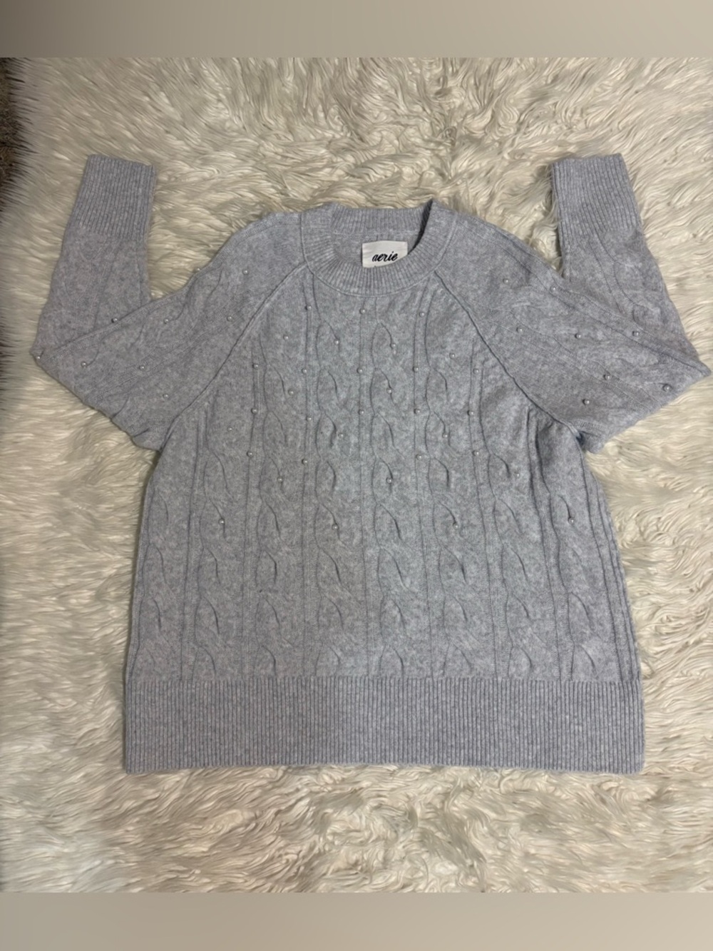 aerie unReal Light Gray Pearl-Embellished Cable Crewneck Sweater - Picture 5 of 12